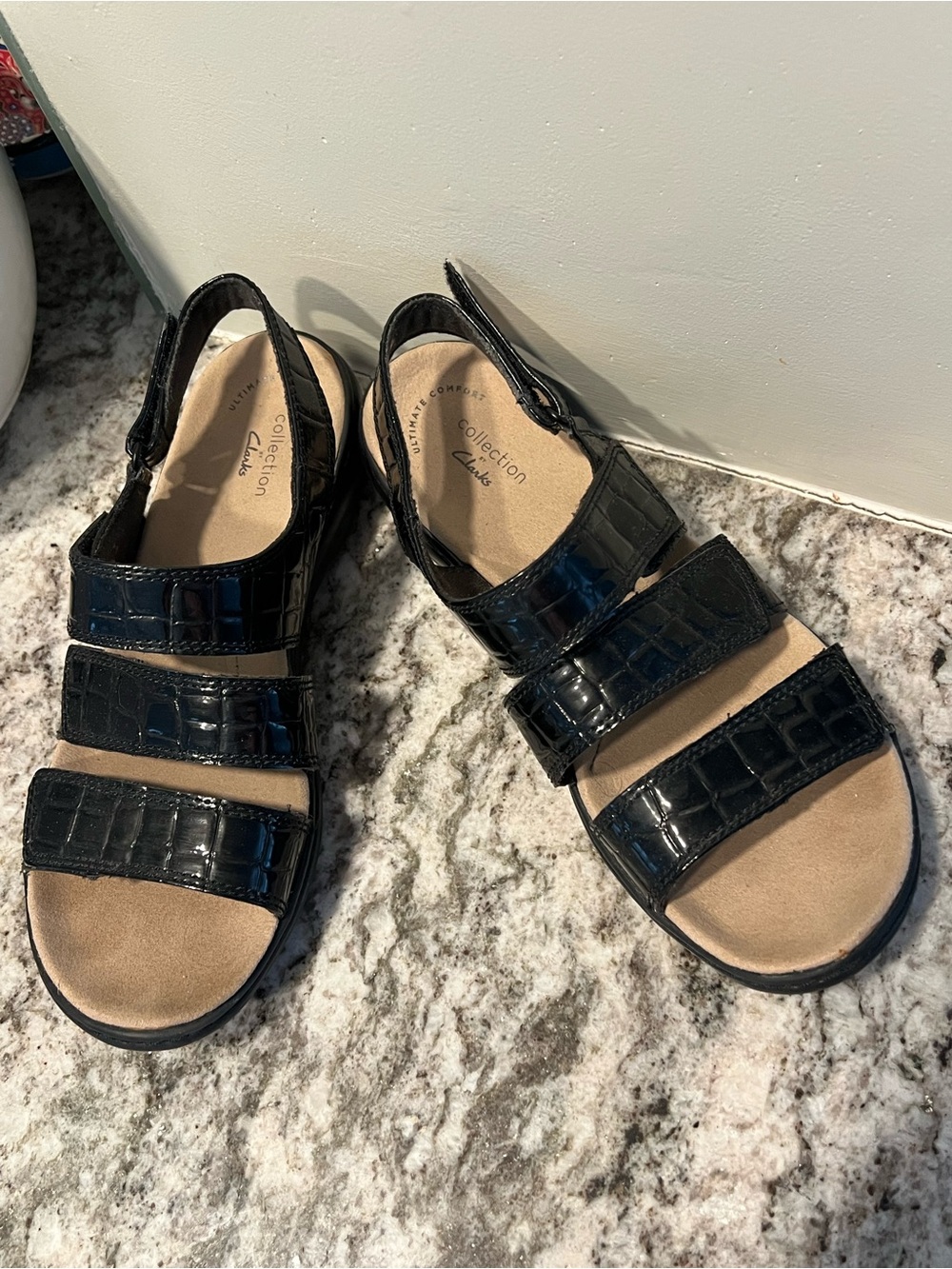 Clarks Collection Black Croc-Embossed Velcro Sandals for Women